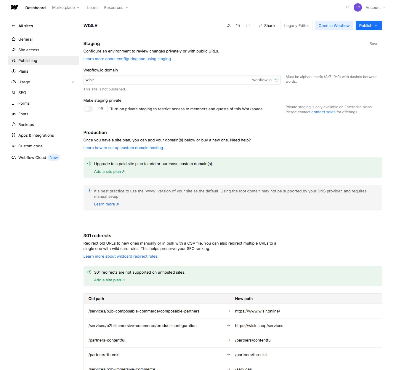 Webflow 301 Redirects panel location in Site Settings under Publishing tab