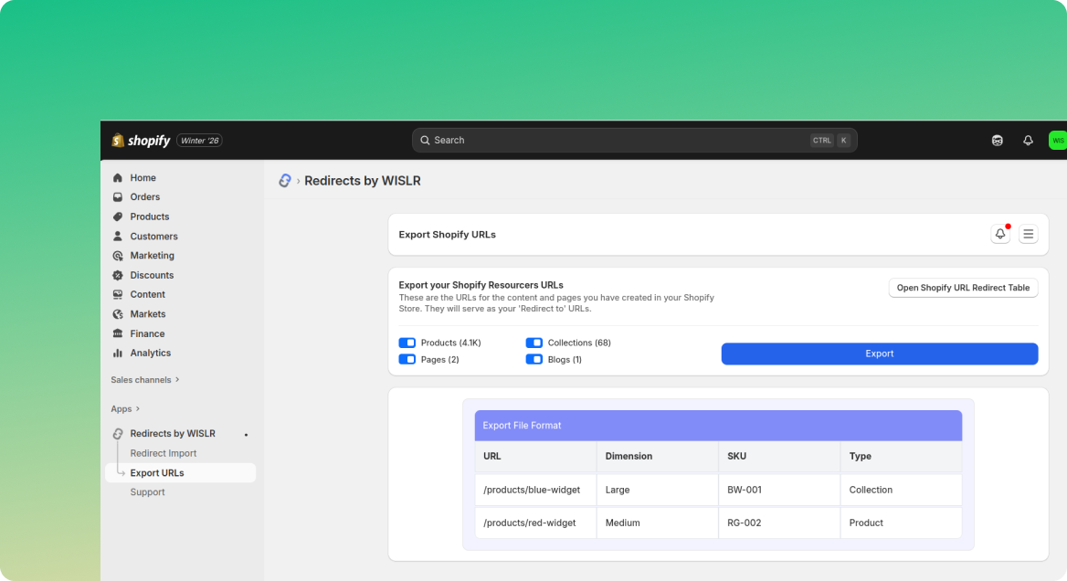 Export Shopify URLs interface